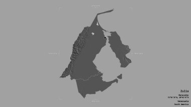 Zulia bölgesi, Venezuela eyaleti, katı bir arka planda izole edilmiş bir sınır kutusunda. Etiketler. Çift seviyeli yükseklik haritası. 3B görüntüleme