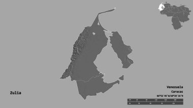 Zulia 'nın şekli, Venezuela eyaleti, başkenti katı bir zemin üzerinde izole edilmiş. Uzaklık ölçeği, bölge önizlemesi ve etiketleri. Çift seviyeli yükseklik haritası. 3B görüntüleme