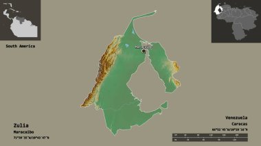 Zulia 'nın şekli, Venezuela eyaleti ve başkenti. Uzaklık ölçeği, ön gösterimler ve etiketler. Topografik yardım haritası. 3B görüntüleme