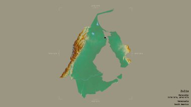 Zulia bölgesi, Venezuela eyaleti, katı bir arka planda izole edilmiş bir sınır kutusunda. Etiketler. Topografik yardım haritası. 3B görüntüleme