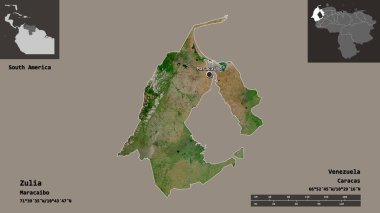 Zulia 'nın şekli, Venezuela eyaleti ve başkenti. Uzaklık ölçeği, ön gösterimler ve etiketler. Uydu görüntüleri. 3B görüntüleme