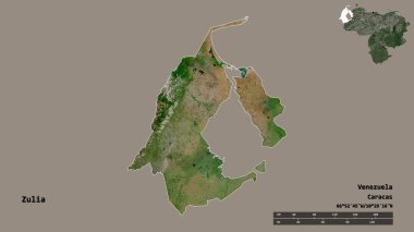 Zulia 'nın şekli, Venezuela eyaleti, başkenti katı bir zemin üzerinde izole edilmiş. Uzaklık ölçeği, bölge önizlemesi ve etiketleri. Uydu görüntüleri. 3B görüntüleme