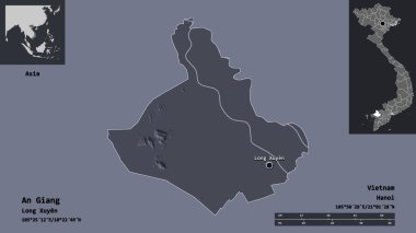 An Giang 'ın şekli, Vietnam vilayeti ve başkenti. Uzaklık ölçeği, ön gösterimler ve etiketler. Renkli yükseklik haritası. 3B görüntüleme