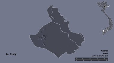 An Giang 'ın şekli, Vietnam vilayeti, başkenti sağlam arka planda izole edilmiş. Uzaklık ölçeği, bölge önizlemesi ve etiketleri. Renkli yükseklik haritası. 3B görüntüleme
