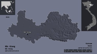 Bac Giang 'ın şekli, Vietnam vilayeti ve başkenti. Uzaklık ölçeği, ön gösterimler ve etiketler. Renkli yükseklik haritası. 3B görüntüleme