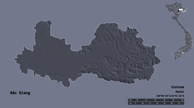 Bac Giang 'ın şekli, Vietnam vilayeti, başkenti sağlam arka planda izole edilmiş. Uzaklık ölçeği, bölge önizlemesi ve etiketleri. Renkli yükseklik haritası. 3B görüntüleme