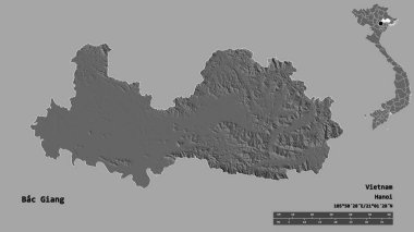 Bac Giang 'ın şekli, Vietnam vilayeti, başkenti sağlam arka planda izole edilmiş. Uzaklık ölçeği, bölge önizlemesi ve etiketleri. Çift seviyeli yükseklik haritası. 3B görüntüleme