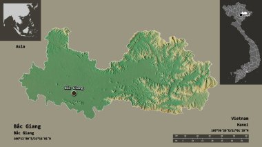Bac Giang 'ın şekli, Vietnam vilayeti ve başkenti. Uzaklık ölçeği, ön gösterimler ve etiketler. Topografik yardım haritası. 3B görüntüleme