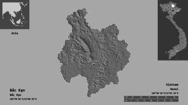 Bac Kan 'ın şekli, Vietnam vilayeti ve başkenti. Uzaklık ölçeği, ön gösterimler ve etiketler. Çift seviyeli yükseklik haritası. 3B görüntüleme
