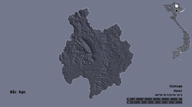 Başkenti sağlam bir zemine sahip, Vietnam eyaleti Bac Kan 'ın şeklidir. Uzaklık ölçeği, bölge önizlemesi ve etiketleri. Renkli yükseklik haritası. 3B görüntüleme