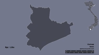 Bac Lieu, Vietnam vilayeti, başkenti sağlam arka planda izole edilmiş. Uzaklık ölçeği, bölge önizlemesi ve etiketleri. Renkli yükseklik haritası. 3B görüntüleme