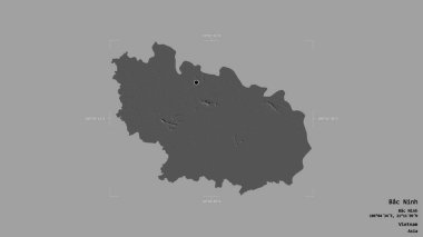 Bac Ninh bölgesi, Vietnam vilayeti, jeoreferatlı bir sınır kutusunda sağlam bir arka planda izole edilmiş. Etiketler. Çift seviyeli yükseklik haritası. 3B görüntüleme