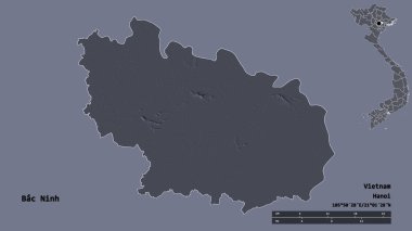 Bac Ninh 'ın şekli, Vietnam vilayeti, başkenti sağlam arka planda izole edilmiş. Uzaklık ölçeği, bölge önizlemesi ve etiketleri. Renkli yükseklik haritası. 3B görüntüleme