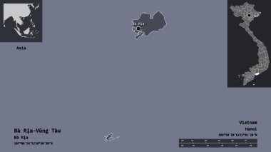 Vietnam vilayeti ve başkenti Ba Ria-Vung Tau 'nun şeklidir. Uzaklık ölçeği, ön gösterimler ve etiketler. Renkli yükseklik haritası. 3B görüntüleme
