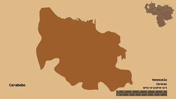 委内瑞拉国卡拉波波的形状 其首都在坚实的背景下与世隔绝 距离尺度 区域预览和标签 图形纹理的组成 3D渲染 — 图库照片