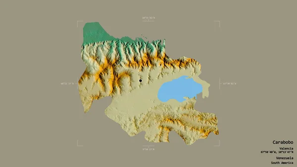 ベネズエラの州カラボボの地域は 洗練された境界ボックス内の強固な背景に隔離されています ラベル 地形図 3Dレンダリング — ストック写真