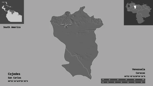 コジェデスの形状 ベネズエラの状態 およびその首都 距離スケール プレビューおよびラベル 標高マップ 3Dレンダリング — ストック写真