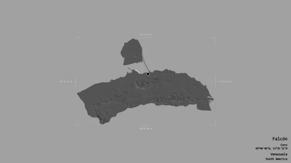 ベネズエラの状態であるファルコンの地域は 優先された境界の箱の中の強固な背景に隔離されています ラベル 標高マップ 3Dレンダリング — ストック写真