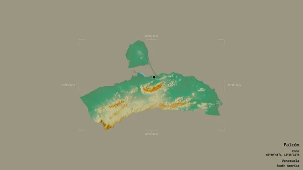 ベネズエラの状態であるファルコンの地域は 優先された境界の箱の中の強固な背景に隔離されています ラベル 地形図 3Dレンダリング — ストック写真