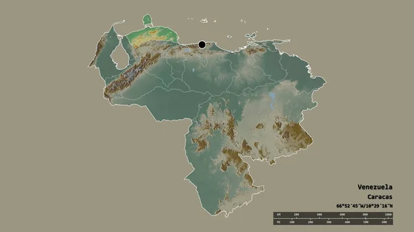 主要な地域部門と分離されたファルコンエリアとベネズエラの荒廃した形 ラベル 地形図 3Dレンダリング — ストック写真