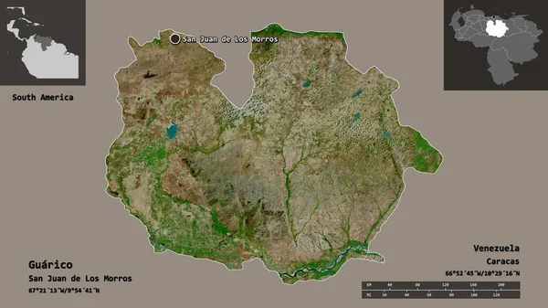 瓜拉尼哥的形状 委内瑞拉的州 及其首都 距离刻度 预览和标签 卫星图像 3D渲染 — 图库照片
