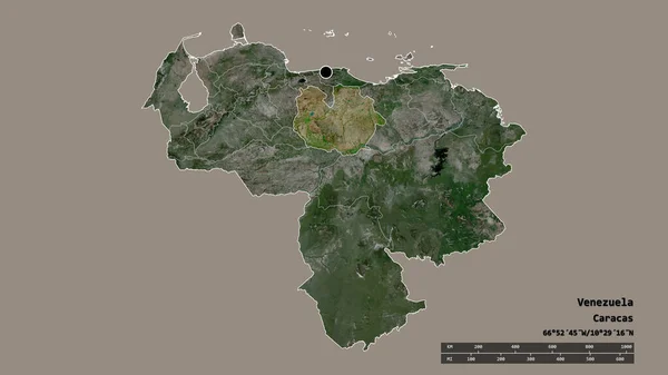 主要な地域部門と分離されたグアリコ地域とベネズエラの荒廃した形 ラベル 衛星画像 3Dレンダリング — ストック写真