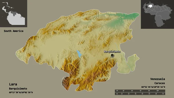 ララの形 ベネズエラの状態 およびその首都 距離スケール プレビューおよびラベル 地形図 3Dレンダリング — ストック写真