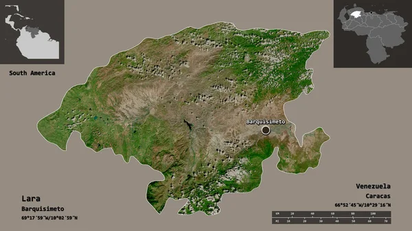 拉腊的形状 委内瑞拉的州 及其首都 距离刻度 预览和标签 卫星图像 3D渲染 — 图库照片