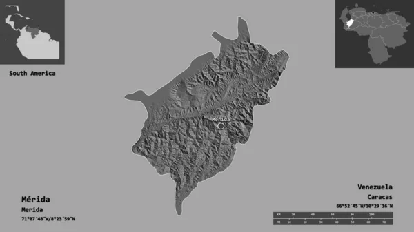 委内瑞拉梅里达州的形状及其首都 距离刻度 预览和标签 Bilevel高程图 3D渲染 — 图库照片
