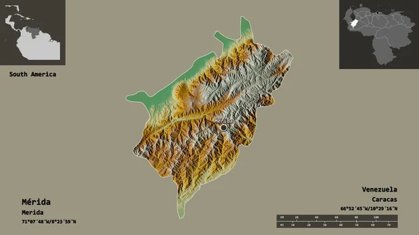 メリダの形 ベネズエラの状態 およびその首都 距離スケール プレビューおよびラベル 地形図 3Dレンダリング — ストック写真