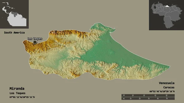 ミランダの形状 ベネズエラの状態 およびその首都 距離スケール プレビューおよびラベル 地形図 3Dレンダリング — ストック写真