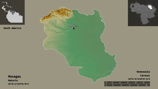 Monagas Şekli Venezuela Eyaleti Başkenti Uzaklık Ölçeği Gösterimler Etiketler Topografik — Stok fotoğraf