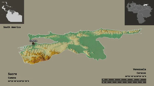 委内瑞拉苏克雷的形状 以及它的首都 距离刻度 预览和标签 地形浮雕图 3D渲染 — 图库照片