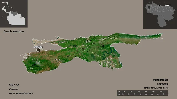 委内瑞拉苏克雷的形状 以及它的首都 距离刻度 预览和标签 卫星图像 3D渲染 — 图库照片