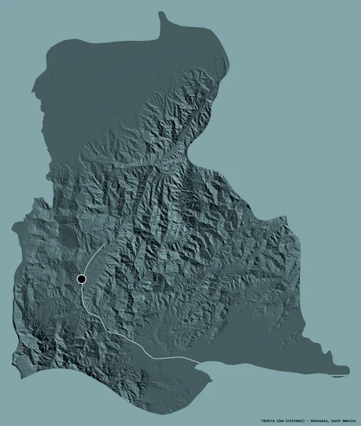 委内瑞拉塔奇拉州的形状 其首都以纯色背景隔离 彩色高程图 3D渲染 — 图库照片