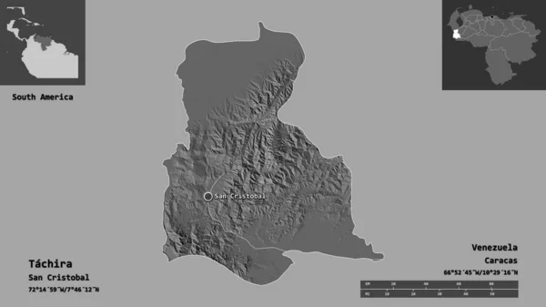 タチラの形 ベネズエラの状態 およびその首都 距離スケール プレビューおよびラベル 標高マップ 3Dレンダリング — ストック写真