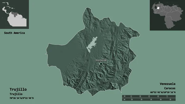 委内瑞拉的特鲁希略形状及其首都 距离刻度 预览和标签 彩色高程图 3D渲染 — 图库照片