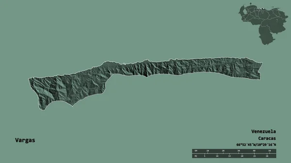 委内瑞拉巴尔加斯的形状 其首都在坚实的背景上与世隔绝 距离尺度 区域预览和标签 彩色高程图 3D渲染 — 图库照片