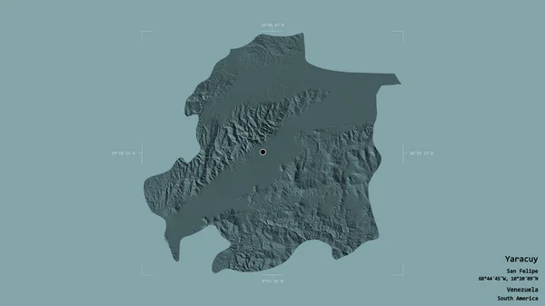 ベネズエラの状態であるヤラクイの地域は 洗練された境界ボックス内の強固な背景に隔離されています ラベル 色の標高マップ 3Dレンダリング — ストック写真