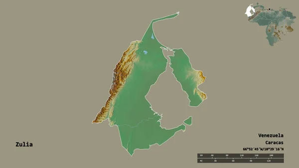 委内瑞拉Zulia州的形状 其首都在坚实的背景下与世隔绝 距离尺度 区域预览和标签 地形浮雕图 3D渲染 — 图库照片