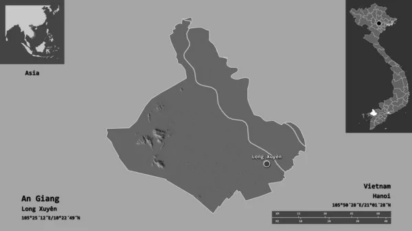 越南安江的形状和它的首都 距离刻度 预览和标签 Bilevel高程图 3D渲染 — 图库照片