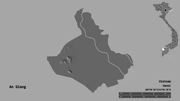越南安江的形状 其首都在坚实的背景下与世隔绝 距离尺度 区域预览和标签 Bilevel高程图 3D渲染 — 图库照片