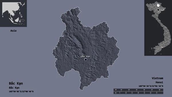 バック菅 ベトナムの州 およびその首都の形状 距離スケール プレビューおよびラベル 色の標高マップ 3Dレンダリング — ストック写真