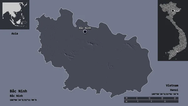 バックニンの形状 ベトナムの州 そして その首都 距離スケール プレビューおよびラベル 色の標高マップ 3Dレンダリング — ストック写真