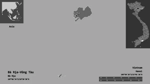 Riaの形 ブンタウ ベトナムの州 その首都 距離スケール プレビューおよびラベル 標高マップ 3Dレンダリング — ストック写真