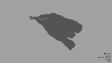 Ben Tre bölgesi, Vietnam vilayeti, jeoreferatlı bir sınır kutusunda sağlam bir arka planda izole edilmiş. Etiketler. Çift seviyeli yükseklik haritası. 3B görüntüleme