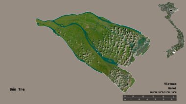 Vietnam vilayeti Ben Tre 'nin şekli, başkenti sağlam bir arka planda izole edilmiş. Uzaklık ölçeği, bölge önizlemesi ve etiketleri. Uydu görüntüleri. 3B görüntüleme