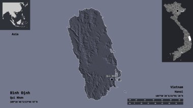 Binh Inh 'in şekli, Vietnam vilayeti ve başkenti. Uzaklık ölçeği, ön gösterimler ve etiketler. Renkli yükseklik haritası. 3B görüntüleme