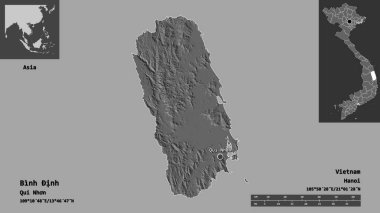 Binh Inh 'in şekli, Vietnam vilayeti ve başkenti. Uzaklık ölçeği, ön gösterimler ve etiketler. Çift seviyeli yükseklik haritası. 3B görüntüleme