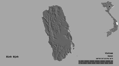 Binh Inh 'in şekli, Vietnam vilayeti, başkenti sağlam arka planda izole edilmiş. Uzaklık ölçeği, bölge önizlemesi ve etiketleri. Çift seviyeli yükseklik haritası. 3B görüntüleme